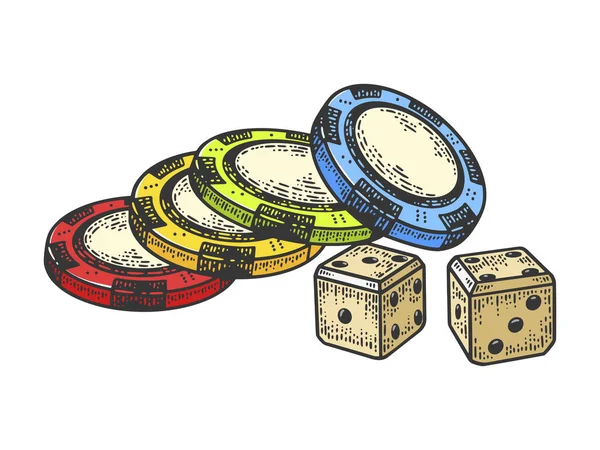 ( 영어 ) Casino dice and chips color line art congraving vector illustration. 티셔츠 의류 인쇄 디자인. 스크래치 보드 모방. 손으로 그린 흑백 그림. — 스톡 벡터