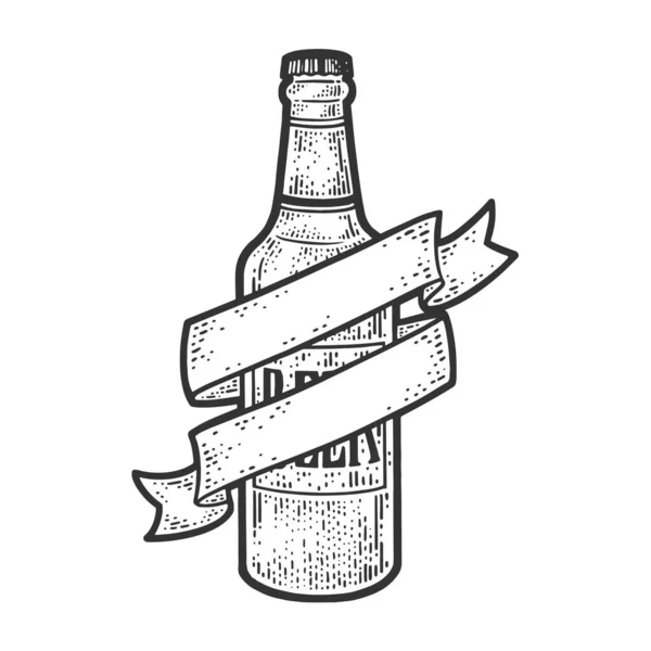 Μπουκαλάκι μπύρας με ταινία κορδέλα γραμμή τέχνη σκίτσο χάραξη διάνυσμα εικονογράφηση. Σχεδιασμός εκτύπωσης ρούχων T-shirt. Απομίμηση χαρτονιού. Ασπρόμαυρη ζωγραφισμένη στο χέρι εικόνα. — Διανυσματικό Αρχείο