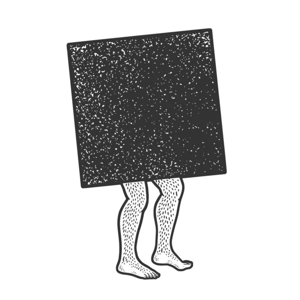 Black square placeholder background on male legs line art sketch engraving vector illustration. T-shirt apparel print design. Scratch board imitation. Black and white hand drawn image. — Stock Vector