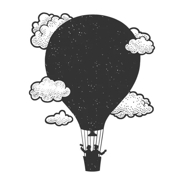 Silueta negra de globo de aire como fondo para la línea de inscripción arte boceto grabado vector ilustración. Diseño de estampado de ropa de camiseta. Scratch board imitación. Imagen dibujada a mano en blanco y negro. — Vector de stock