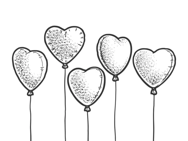 Heart shaped balloons line art sketch engraving vector illustration. T-shirt apparel print design. Scratch board imitation. Black and white hand drawn image. — Stock Vector