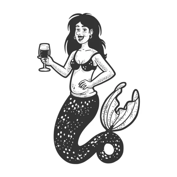 Mermaid alcoholic with glass of wine line art sketch engraving vector illustration. T-shirt apparel print design. Scratch board imitation. Black and white hand drawn image. — Stock Vector