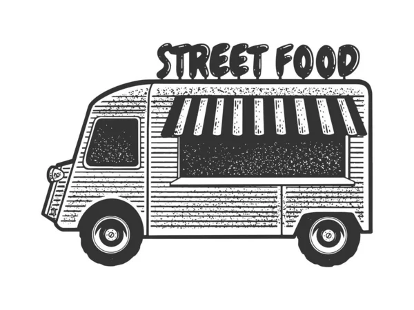Calle camión de comida línea arte boceto grabado vector ilustración. Diseño de estampado de ropa de camiseta. Scratch board imitación. Imagen dibujada a mano en blanco y negro. — Vector de stock