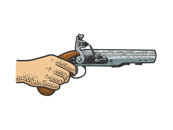 Πιστόλι flintlock muff στο χέρι έγχρωμη γραμμή τέχνης σκίτσο χάραξη διάνυσμα εικονογράφηση. Σχεδιασμός εκτύπωσης ρούχων T-shirt. Απομίμηση χαρτονιού. Ασπρόμαυρη ζωγραφισμένη στο χέρι εικόνα. — Διανυσματικό Αρχείο