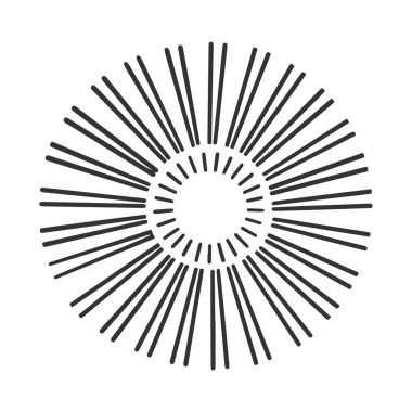 Güneş ışınları çizgisi çizimi, oyma vektör çizimi. Tişört giysisi baskısı tasarımı. Çizik tahtası taklidi. Siyah beyaz el çizimi resim.