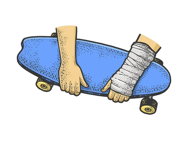 Skateboard und gebrochener Arm Color Line Art Skizze Gravur Vektor Illustration. T-Shirt-Print-Design. Rubbelbrett-Imitat. Handgezeichnetes Schwarz-Weiß-Bild. — Stockvektor