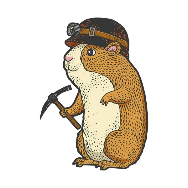 Cartoon guinea pig miner color line art sketch engraving vector illustration. T-shirt apparel print design. Scratch board imitation. Black and white hand drawn image. — Διανυσματικό Αρχείο