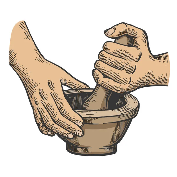 Mortar and pestle in hands color line art sketch engraving vector illustration. T-shirt apparel print design. Scratch board imitation. Black and white hand drawn image. — Stok Vektör