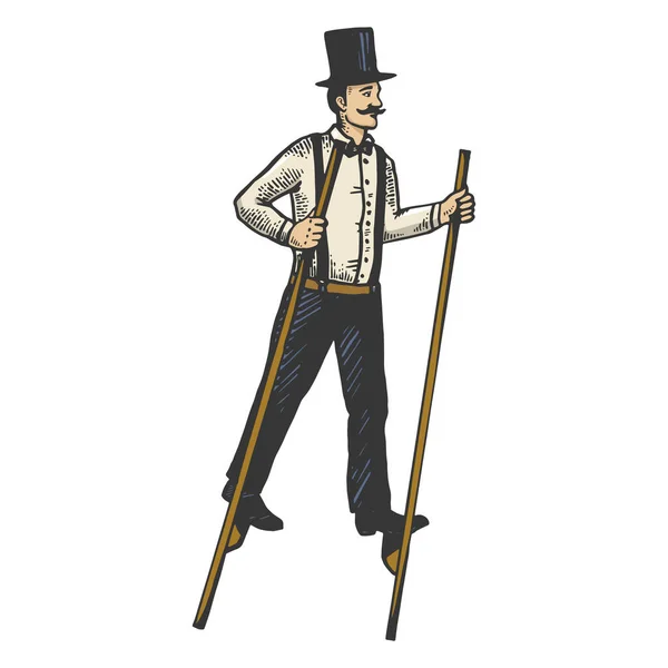 Man on stilts line art sketch engraving vector illustration. T-shirt apparel print design. Scratch board imitation. Black and white hand drawn image. — Stock Vector