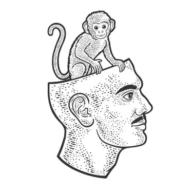 monkey sitting in human head line art sketch engraving vector illustration. T-shirt apparel print design. Scratch board imitation. Black and white hand drawn image.