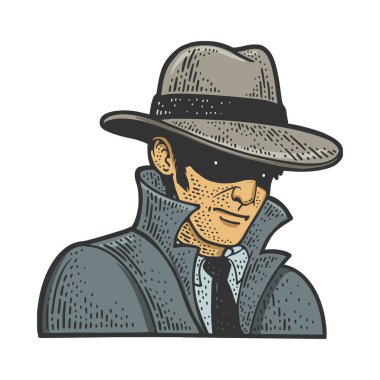 private detective with hat color line art sketch engraving vector illustration. T-shirt apparel print design. Scratch board imitation. Black and white hand drawn image.
