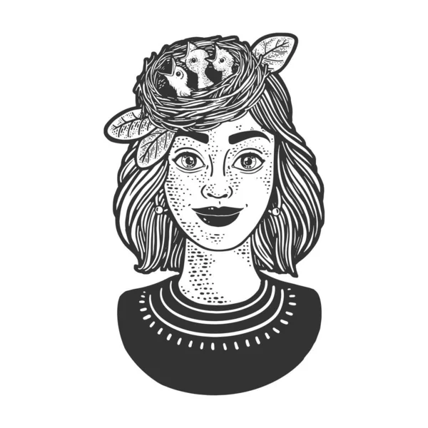 Bird nest with chicks on girl head line art sketch engraving vector illustration. T-shirt apparel print design. Scratch board imitation. Black and white hand drawn image. — Stock vektor