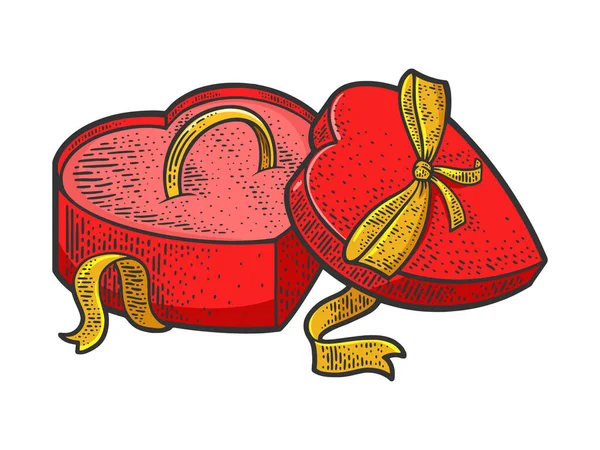 Bruiloft gouden ring in doos hart kleur lijn kunst vorm schets graveren vector illustratie. T-shirt kleding print ontwerp. Krasplank imitatie. Zwart en wit met de hand getekend afbeelding. — Stockvector