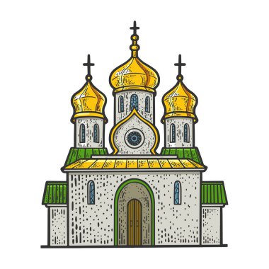 Rus Ortodoks Hıristiyan Kilisesi renkli çizim çizimi, oyma vektör illüstrasyonu yapıyor. Tişört giysisi baskısı tasarımı. Çizik tahtası taklidi. Siyah beyaz el çizimi resim.