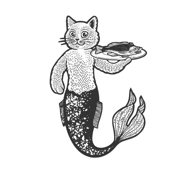 猫美人鱼与鱼线艺术素描矢量插图.T恤服装印花设计。刮板仿制。黑白手绘图像. — 图库矢量图片