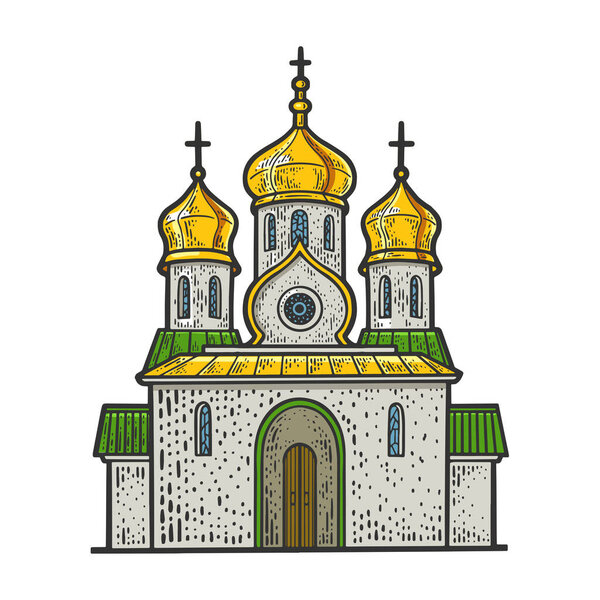 Russian Orthodox Christian Church building color line art sketch engraving vector illustration. T-shirt apparel print design. Scratch board imitation. Black and white hand drawn image.