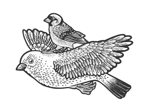 Vogel rijden vogel terwijl vliegende lijn kunst schets graveren vector illustratie. T-shirt kleding print ontwerp. Krasplank imitatie. Zwart en wit met de hand getekend afbeelding. — Stockvector