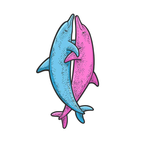 Azul e rosa abraçando golfinhos esboço gravura vetor ilustração. Cores de menino e menina. T-shirt design de impressão de vestuário. Imitação de raspadinha. Imagem desenhada à mão preto e branco. — Vetor de Stock