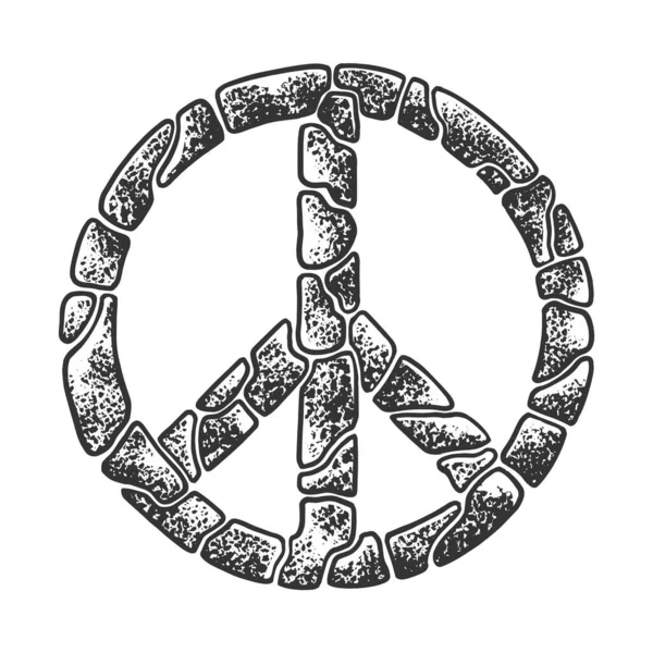 Peace symbol made with stone rocks brick line art sketch engraving vector illustration. T-shirt apparel print design. Scratch board imitation. Black and white hand drawn image. — Stock Vector