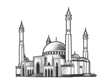 Camii İslami Din Çizim Çizimi Çizimi, oyma vektör illüstrasyonu. Tişört giysisi baskısı tasarımı. Çizik tahtası taklidi. Siyah beyaz el çizimi resim.