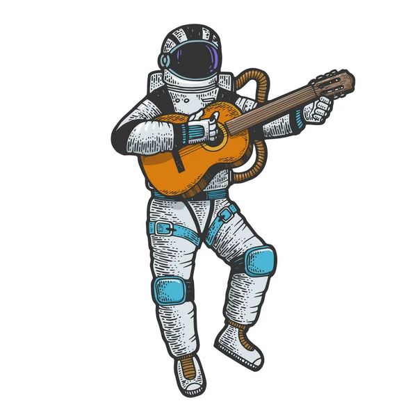 Astronaut ve skafandru hrát kytara barva čára umění skica rytí vektorové ilustrace. Design trička s potiskem. Napodobenina stylu škrábanců. Černobílý ručně kreslený obrázek. — Stockový vektor
