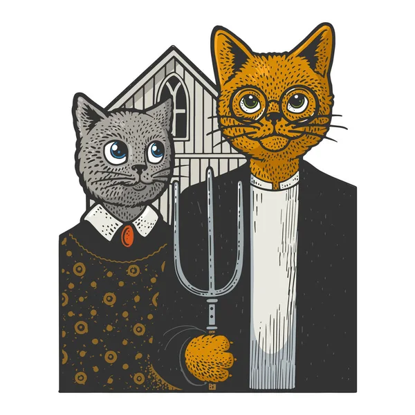 Amerikaanse gotische katten kleuren lijn kunst schets graveren vector illustratie. T-shirt kleding print ontwerp. Krasplank imitatie. Zwart en wit met de hand getekend afbeelding. — Stockvector