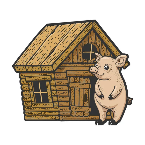 Pig and wooden house color line art sketch engraving vector illustration. T-shirt apparel print design. Scratch board imitation. Black and white hand drawn image. — Stock Vector