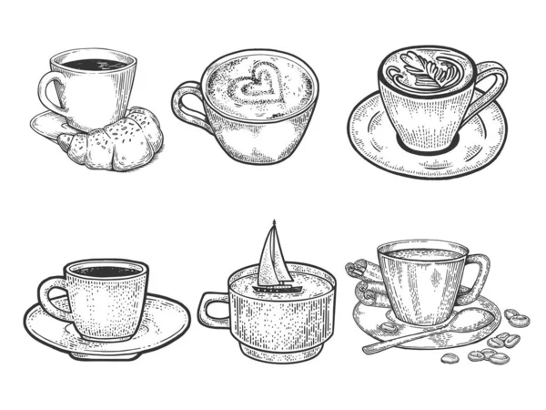 Kaffeetassen Latte Set Line Art Skizze Gravur Vektor Illustration. T-Shirt-Print-Design. Rubbelbrett-Imitat. Handgezeichnetes Schwarz-Weiß-Bild. — Stockvektor