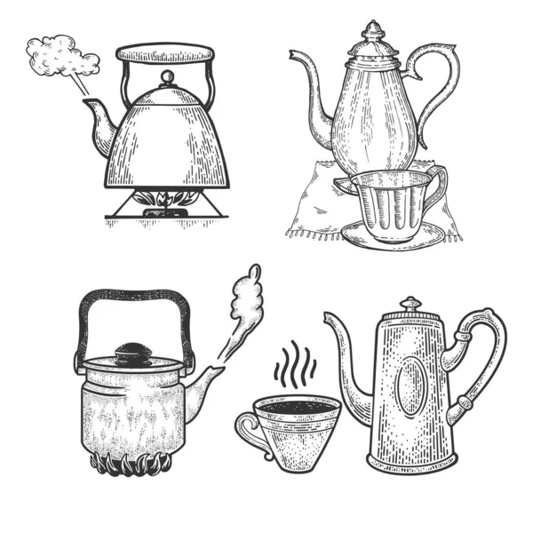 Teekanne Kaffeekanne set line art skizze gravur vektor illustration. T-Shirt-Print-Design. Rubbelbrett-Imitat. Handgezeichnetes Schwarz-Weiß-Bild. — Stockvektor