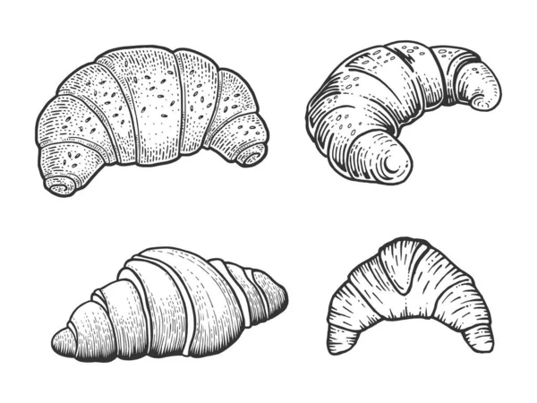 Croissant ställa linje konst skiss gravyr vektor illustration. T-shirt kläder tryck design. Skrapbrädesimitation. Svart och vit handritad bild. — Stock vektor