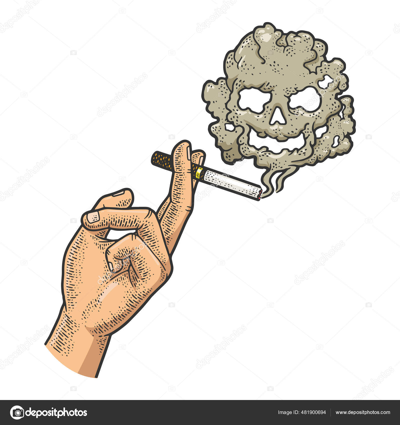 手にタバコと頭蓋骨の煙のカラーラインアートのスケッチベクトルイラストを彫る。Tシャツのアパレルプリントデザイン。スクラッチボードの模倣。黒と白の手描き画像.  ストックベクター ©AlexanderPokusay 481900694, image size:1600x1700