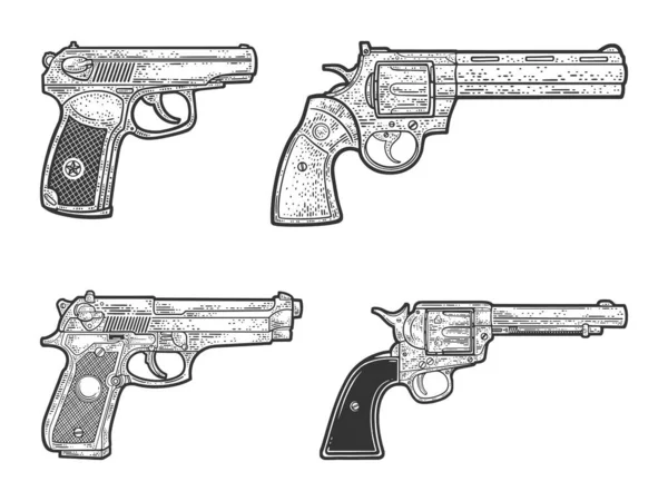 Pistolas definir desenho histórico gravura vetor ilustração. Makarov, Beretta 92, Colt Peacemaker, Python. T-shirt design de impressão de vestuário. Imitação de raspadinha. Imagem desenhada à mão preto e branco. —  Vetores de Stock