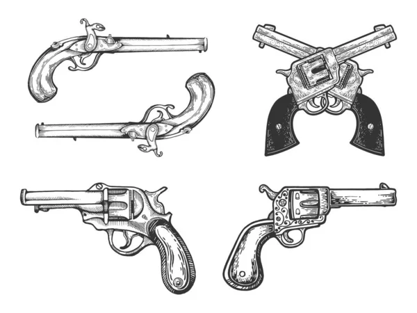 Zbraně vintage pistole revolvery historické set line art náčrt rytiny vektorové ilustrace. Design trička s potiskem. Stírací deska imitace. Černobílý ručně kreslený obrázek. — Stockový vektor