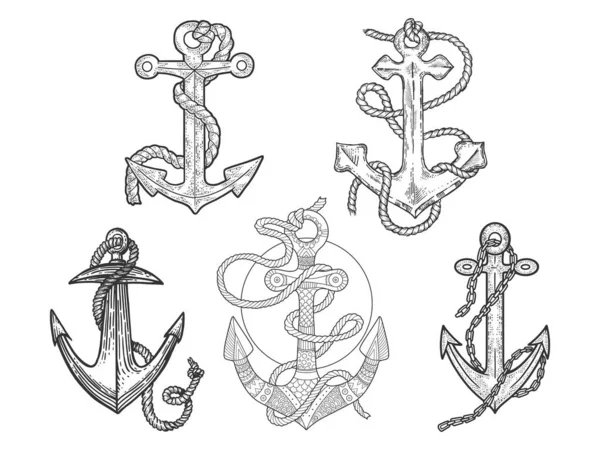 Anchor and rope set line art sketch engraving vector illustration. T-shirt apparel print design. Scratch board imitation. Black and white hand drawn image. — Stock Vector