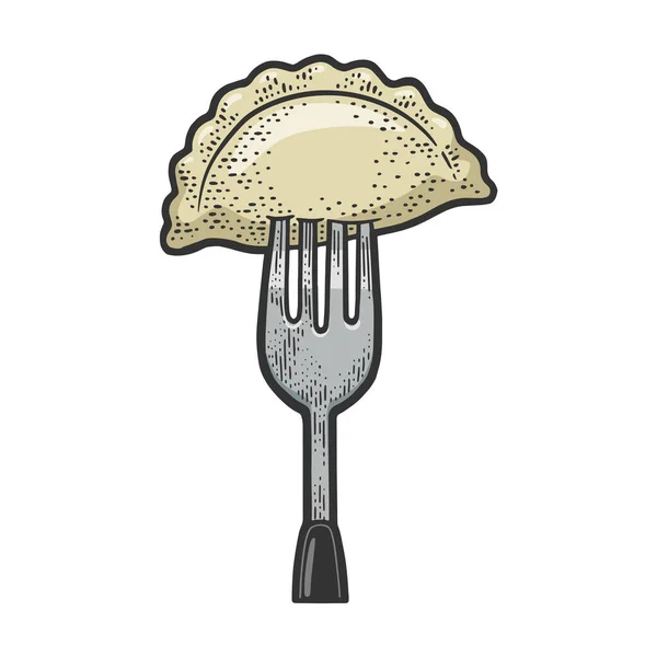 Dumpling en tenedor línea de color arte boceto grabado vector ilustración. Diseño de estampado de ropa de camiseta. Scratch board imitación. Imagen dibujada a mano en blanco y negro. — Vector de stock