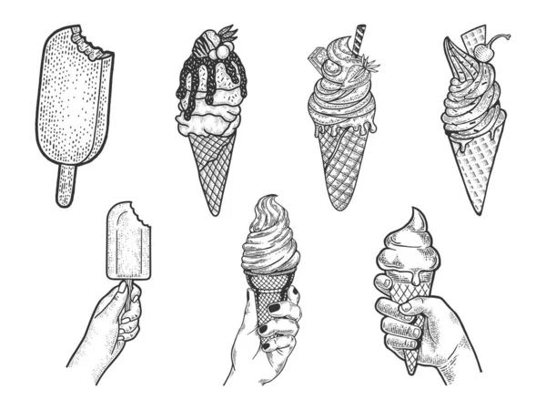 Set de helados línea arte boceto grabado vector ilustración. Diseño de estampado de ropa de camiseta. Scratch board imitación. Imagen dibujada a mano en blanco y negro. — Vector de stock