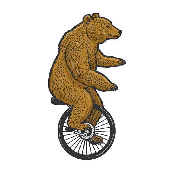 Unicycle tecknad cirkus björn färg linje konst skiss gravyr vektor illustration. T-shirt kläder tryck design. Skrapbrädesimitation. Svart och vit handritad bild. — Stock vektor