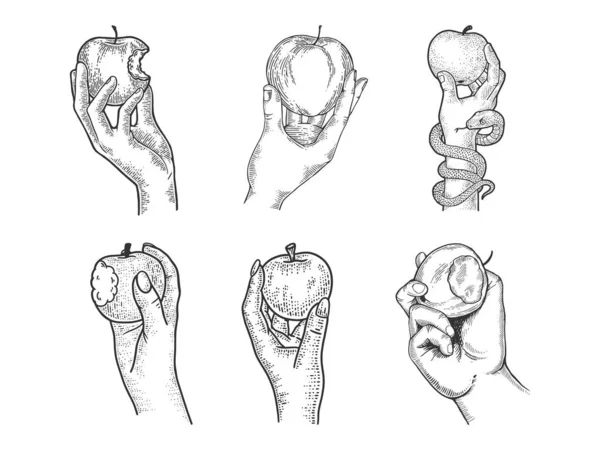 Äppelfrukt i handset samling linje konst skiss gravyr vektor illustration. T-shirt kläder tryck design. Skrapbrädesimitation. Svart och vit handritad bild. — Stock vektor