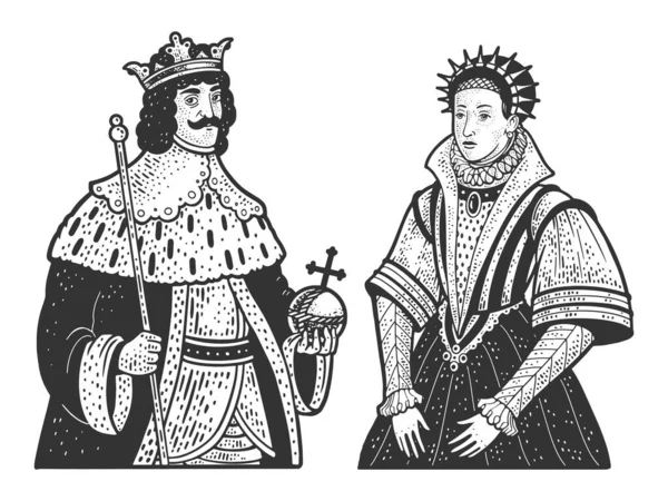Kraliyet çifti Queen ve King Line çizimleri oyma vektör çizimi. Tişört giysisi baskısı tasarımı. Çizik tahtası taklidi. Siyah beyaz el çizimi resim. — Stok Vektör