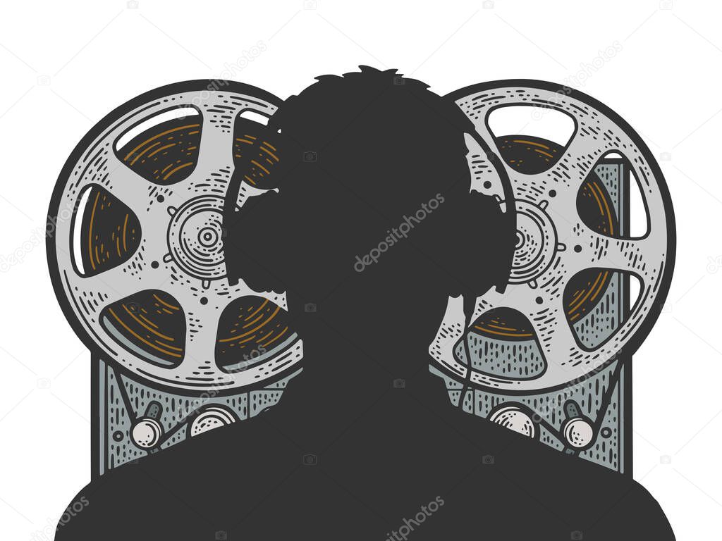 Silhouette of KGB russian special services agent and recording tape recorder sketch engraving vector illustration. Wiretapping. T-shirt apparel print design. Scratch board imitation.