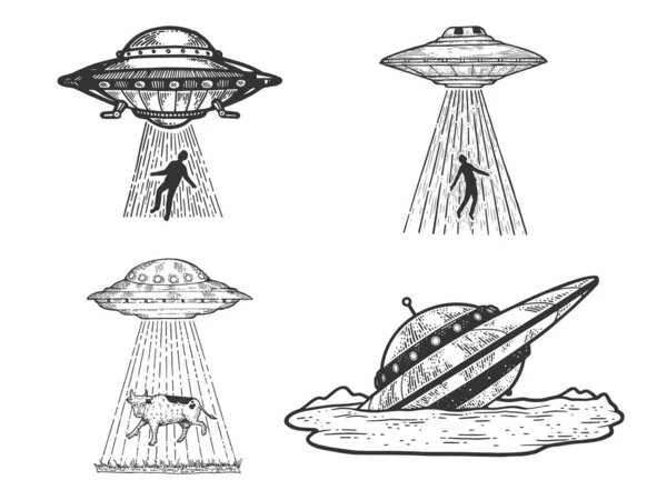 UFO flygande tefat kidnappar mänsklig person set insamling linje konst skiss gravyr vektor illustration. Scratch board stil imitation. Svart och vit handritad bild. — Stock vektor