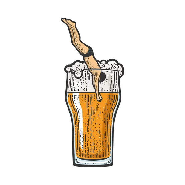 Homem mergulha em um copo de cerveja cor linha arte esboço gravura vetor ilustração. T-shirt design de impressão de vestuário. Imitação de raspadinha. Imagem desenhada à mão preto e branco. —  Vetores de Stock