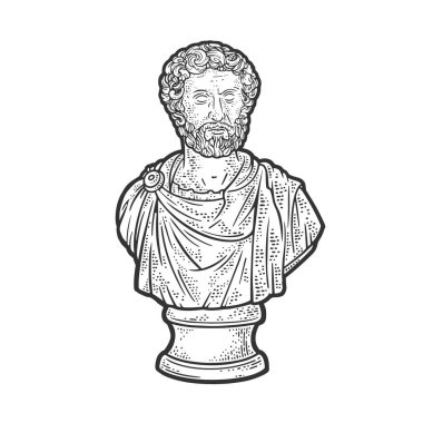Marcus Aurelius stoik filozof ve Roma İmparatoru mermer büst çizgisi çizimi. Tişört giysisi baskısı tasarımı. Çizik tahtası taklidi. Siyah beyaz el çizimi resim.