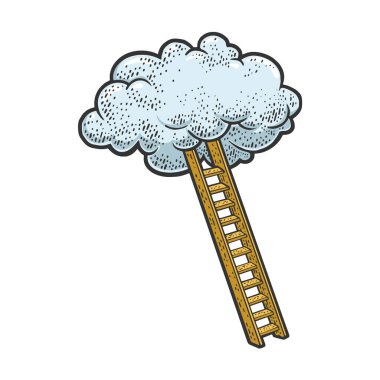 Merdiven bulut rengi çizim, oyma vektör illüstrasyonu. Cennete giden merdivenler metaforu. Tişört giysisi baskısı tasarımı. Çizik tahtası taklidi. Siyah beyaz el çizimi resim.