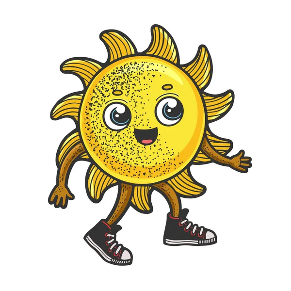 Мультфильм "Солнце шагает" - цветная эскизная иллюстрация вектора. Дизайн одежды для футболок. Имитация Доски Царапин. Черно-белое изображение. — стоковый вектор