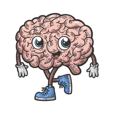 karikatür beyin yürüyen renk çizgisi çizimi, oyma vektör çizimi. Tişört giysisi baskısı tasarımı. Çizik tahtası taklidi. Siyah beyaz el çizimi resim.