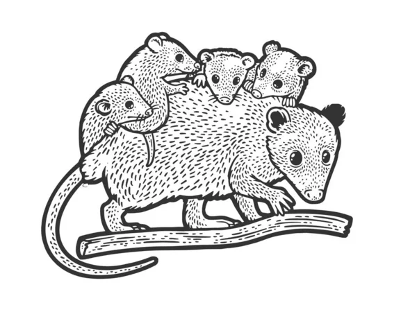 Opossum mãe com bebê opossum linha arte esboço gravura vetor ilustração. T-shirt design de impressão de vestuário. Imitação de raspadinha. Imagem desenhada à mão preto e branco. —  Vetores de Stock