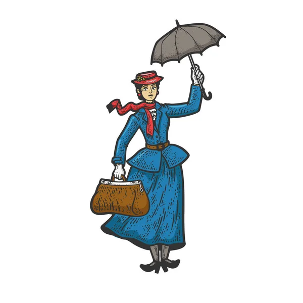 Mary Poppins παραμύθι μυθοπλασία χαρακτήρα έγχρωμη γραμμή τέχνης σκίτσο χάραξη διάνυσμα εικονογράφηση. Σχεδιασμός εκτύπωσης ρούχων T-shirt. Απομίμηση χαρτονιού. Ασπρόμαυρη ζωγραφισμένη στο χέρι εικόνα. — Διανυσματικό Αρχείο