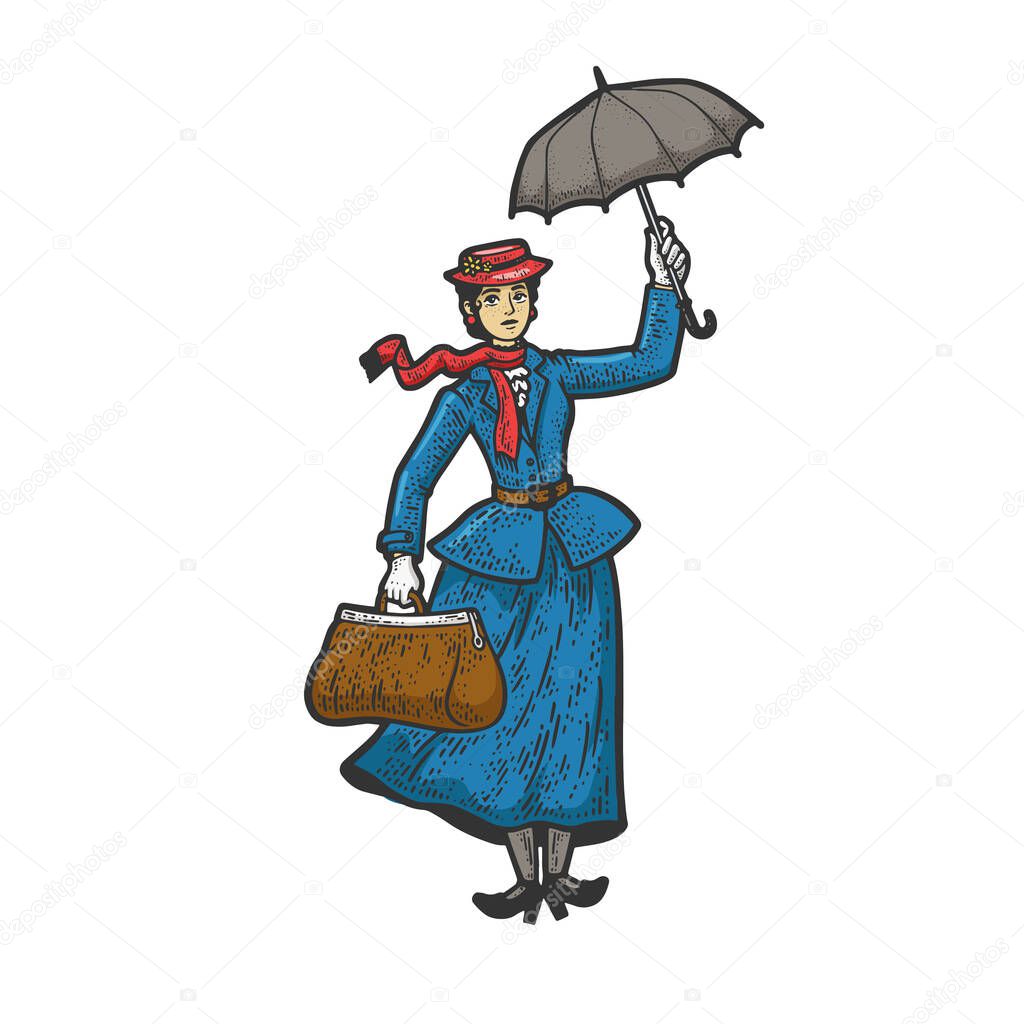 Mary Poppins cartoon tale fictional character color line art sketch engraving vector illustration. T-shirt apparel print design. Scratch board imitation. Black and white hand drawn image.