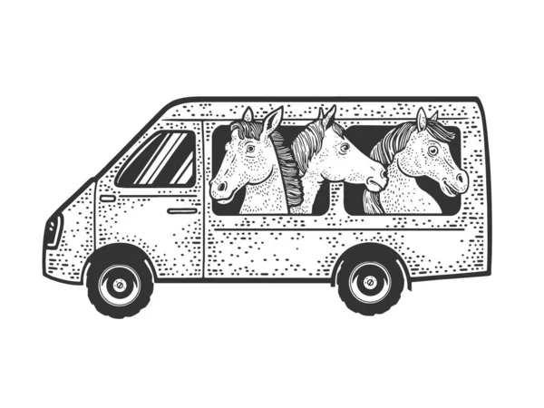 Chevaux montent la ligne de bus croquis d'art gravure vectorielle illustration. T-shirt imprimé design. Imitation de carte à gratter. Image dessinée à la main noir et blanc. — Image vectorielle